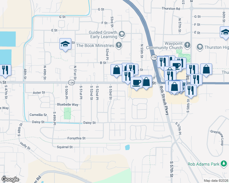 map of restaurants, bars, coffee shops, grocery stores, and more near Oak Court in Springfield