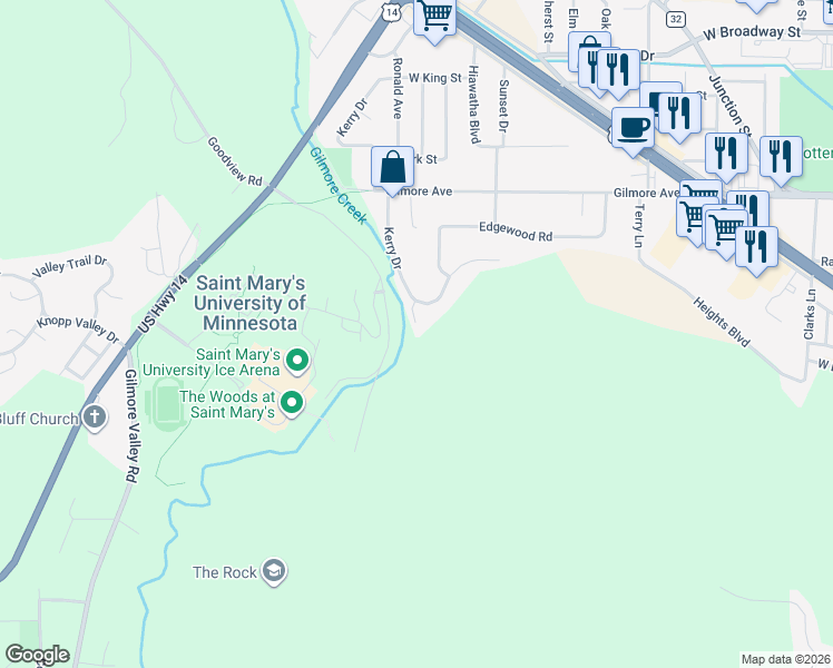 map of restaurants, bars, coffee shops, grocery stores, and more near 804 Kerry Drive in Winona
