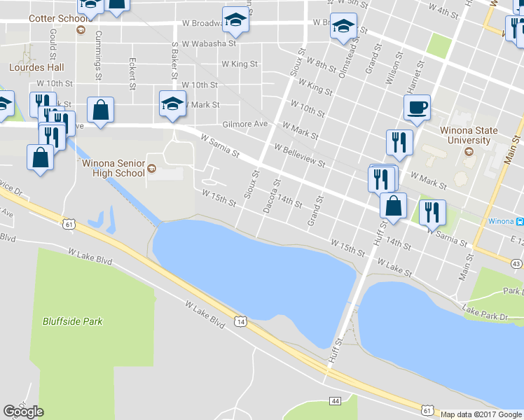 map of restaurants, bars, coffee shops, grocery stores, and more near 554 West Lake Street in Winona