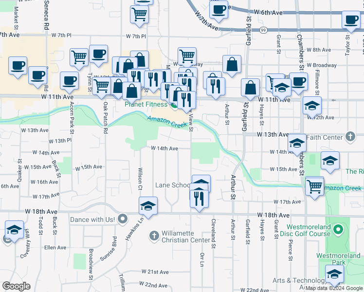 map of restaurants, bars, coffee shops, grocery stores, and more near 2375 West 14th Avenue in Eugene