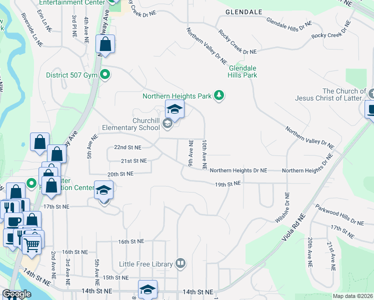 map of restaurants, bars, coffee shops, grocery stores, and more near 2119 9th Avenue Northeast in Rochester