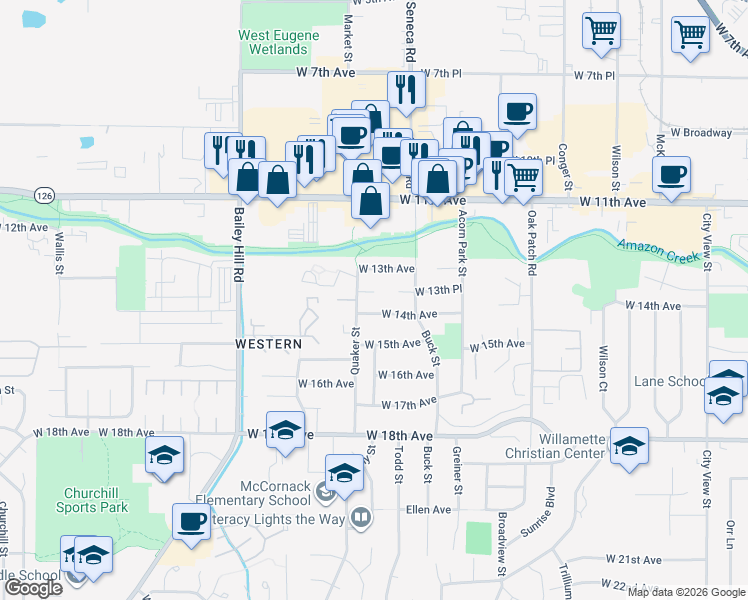 map of restaurants, bars, coffee shops, grocery stores, and more near 3361 West 14th Avenue in Eugene