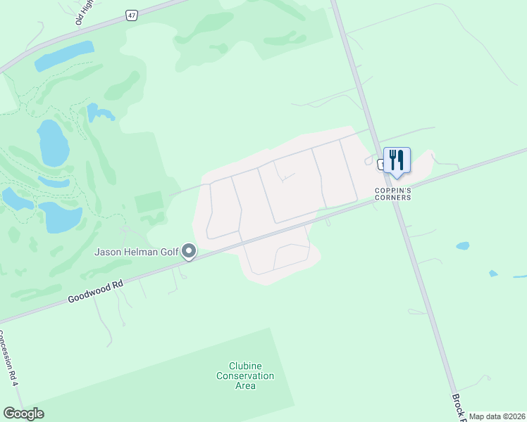 map of restaurants, bars, coffee shops, grocery stores, and more near 39 Country Club Crescent in Uxbridge