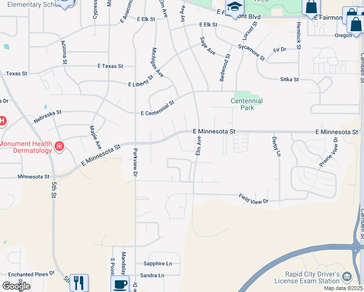 map of restaurants, bars, coffee shops, grocery stores, and more near 515 East Minnesota Street in Rapid City