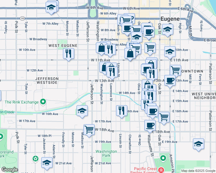 map of restaurants, bars, coffee shops, grocery stores, and more near 1350 Lawrence Street in Eugene