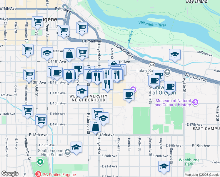 map of restaurants, bars, coffee shops, grocery stores, and more near 751 East 14th Avenue in Eugene