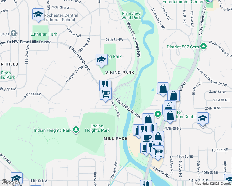 map of restaurants, bars, coffee shops, grocery stores, and more near 215 Elton Hills Drive Northwest in Rochester