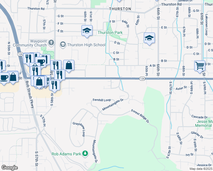 map of restaurants, bars, coffee shops, grocery stores, and more near 6280 Aster Street in Springfield