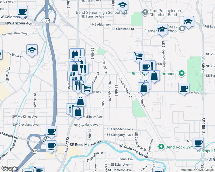 map of restaurants, bars, coffee shops, grocery stores, and more near 505 Southeast Douglas Street in Bend
