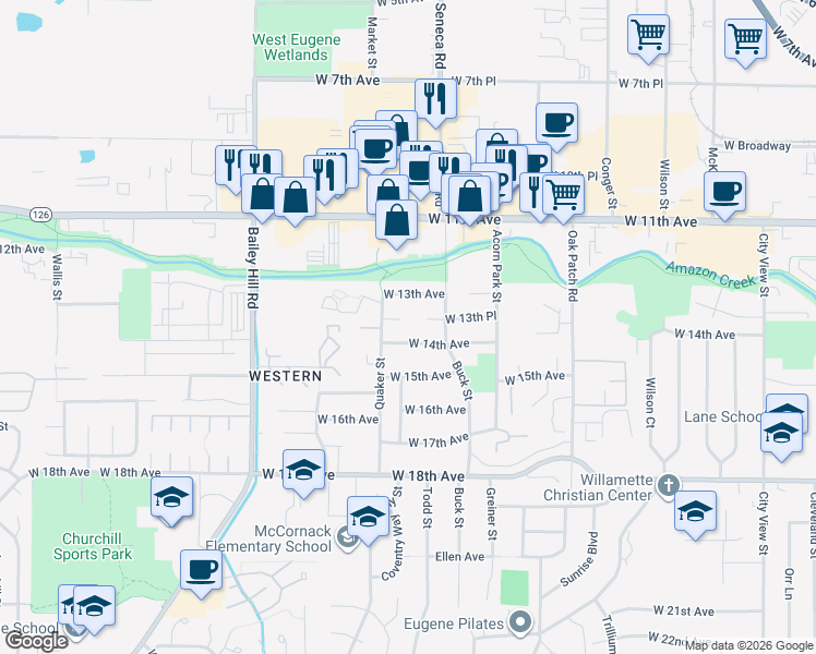 map of restaurants, bars, coffee shops, grocery stores, and more near 3361 West 14th Avenue in Eugene