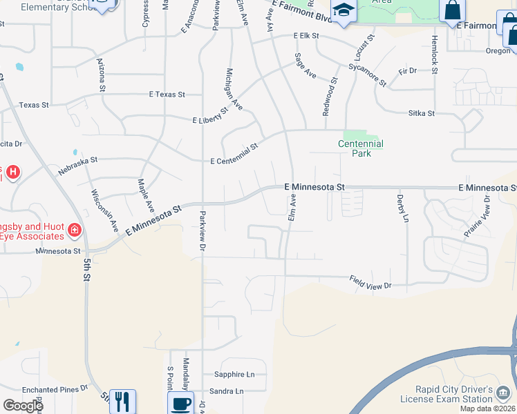 map of restaurants, bars, coffee shops, grocery stores, and more near 407 East Minnesota Street in Rapid City