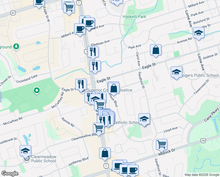 map of restaurants, bars, coffee shops, grocery stores, and more near 49 Don Mor Drive in Newmarket