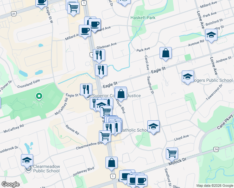 map of restaurants, bars, coffee shops, grocery stores, and more near 49 Don Mor Drive in Newmarket