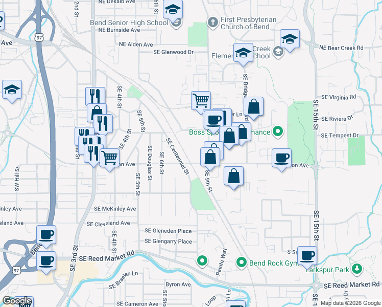 map of restaurants, bars, coffee shops, grocery stores, and more near 698 Southeast Centennial Street in Bend