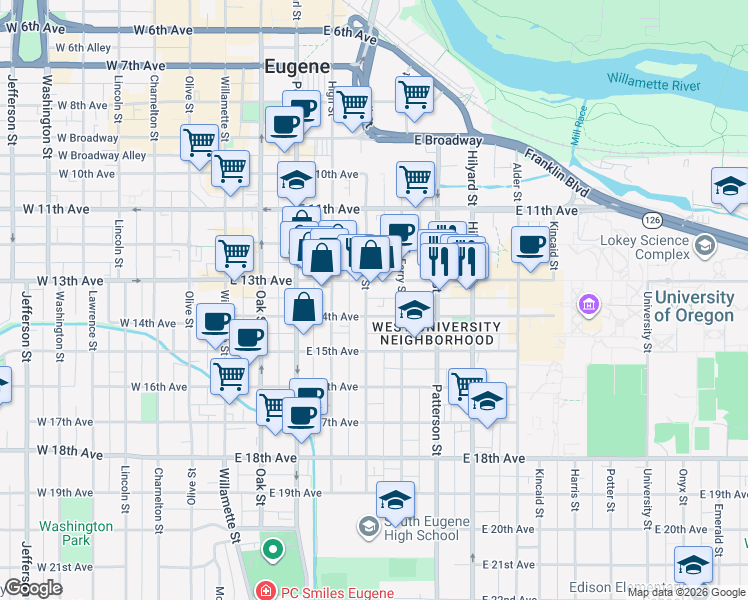 map of restaurants, bars, coffee shops, grocery stores, and more near 1359 Mill Street in Eugene