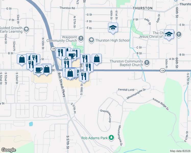map of restaurants, bars, coffee shops, grocery stores, and more near 5887 Main Street in Springfield