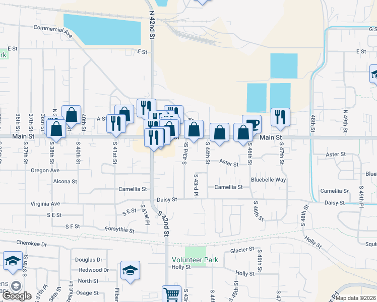 map of restaurants, bars, coffee shops, grocery stores, and more near 4370 Aster Street in Springfield