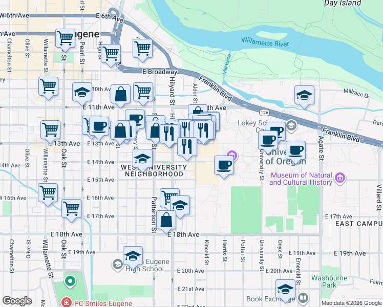 map of restaurants, bars, coffee shops, grocery stores, and more near 751 East 14th Avenue in Eugene
