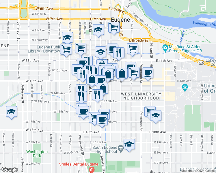 map of restaurants, bars, coffee shops, grocery stores, and more near 1390 High Street in Eugene