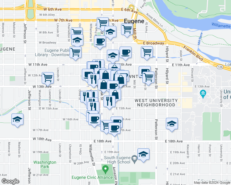 map of restaurants, bars, coffee shops, grocery stores, and more near 1390 Pearl Street in Eugene