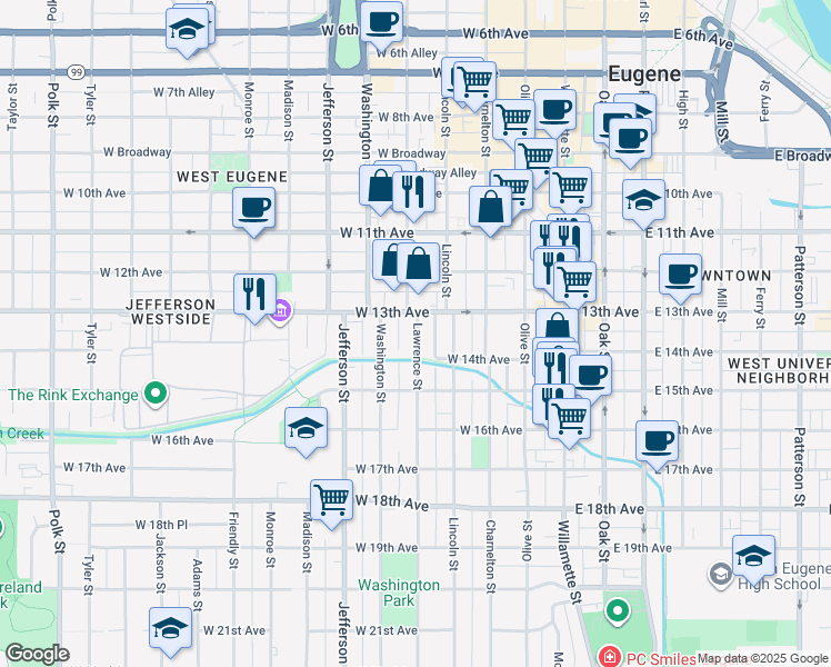 map of restaurants, bars, coffee shops, grocery stores, and more near 1395 Lawrence Alley in Eugene