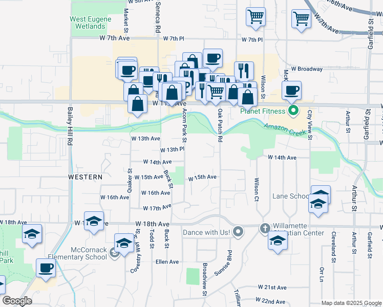 map of restaurants, bars, coffee shops, grocery stores, and more near 1387 Acorn Park Street in Eugene