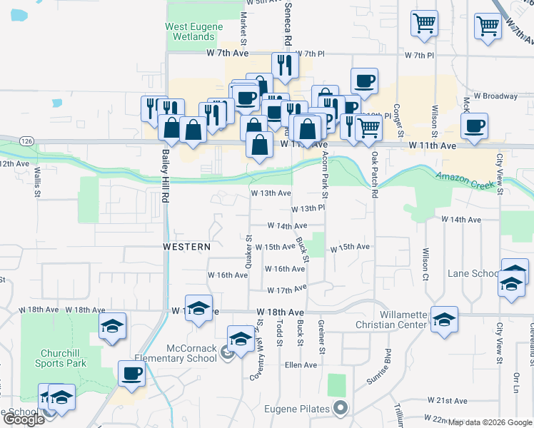 map of restaurants, bars, coffee shops, grocery stores, and more near 3361 West 14th Avenue in Eugene