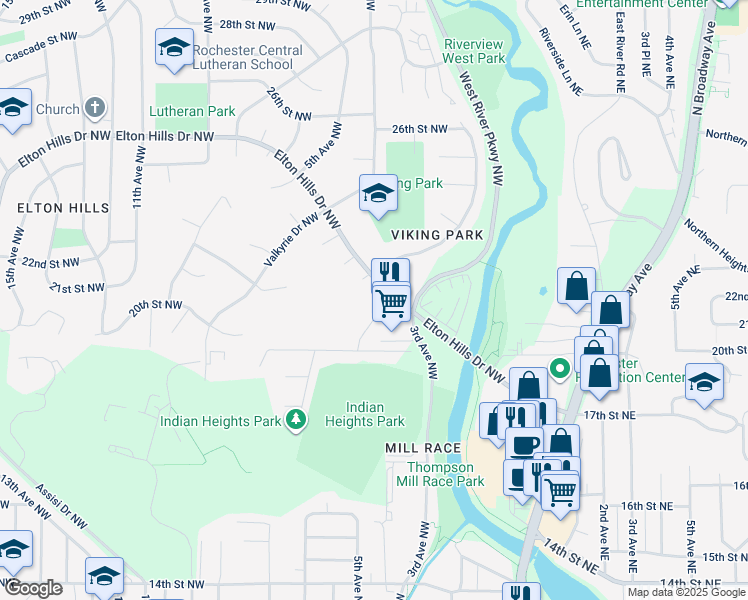 map of restaurants, bars, coffee shops, grocery stores, and more near 1932 Viking Drive Northwest in Rochester