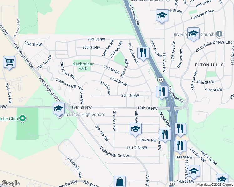 map of restaurants, bars, coffee shops, grocery stores, and more near 2112 20th Street Northwest in Rochester