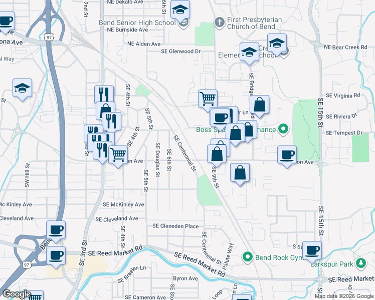 map of restaurants, bars, coffee shops, grocery stores, and more near 698 Southeast Centennial Street in Bend