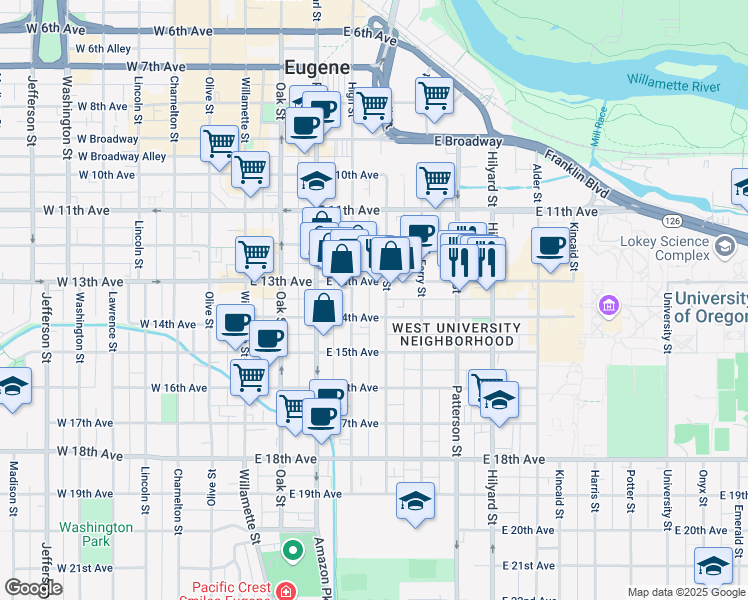 map of restaurants, bars, coffee shops, grocery stores, and more near 1355 Mill Alley in Eugene