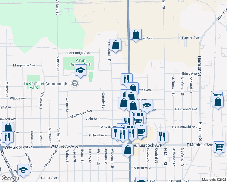 map of restaurants, bars, coffee shops, grocery stores, and more near 2290 Wisconsin Street in Oshkosh