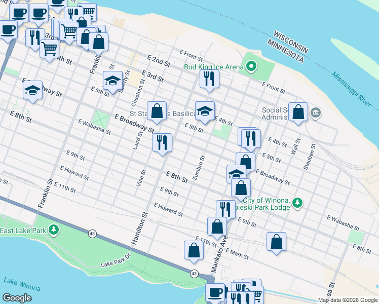 map of restaurants, bars, coffee shops, grocery stores, and more near 622 East Wabasha Street in Winona