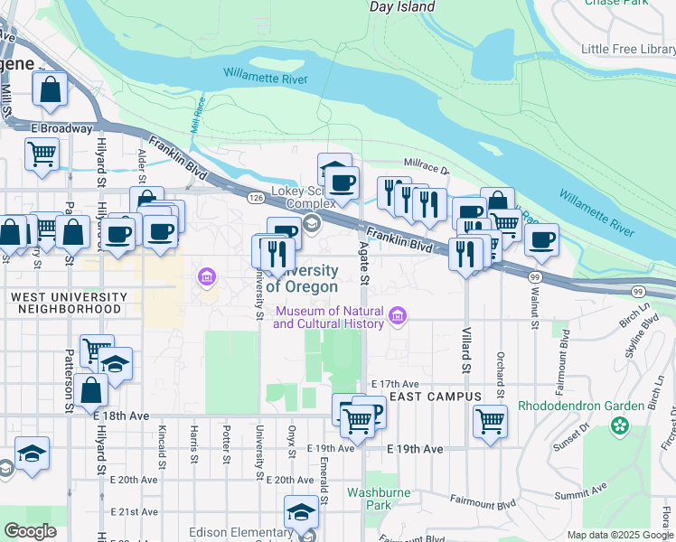 map of restaurants, bars, coffee shops, grocery stores, and more near 1425 East 13th Avenue in Eugene