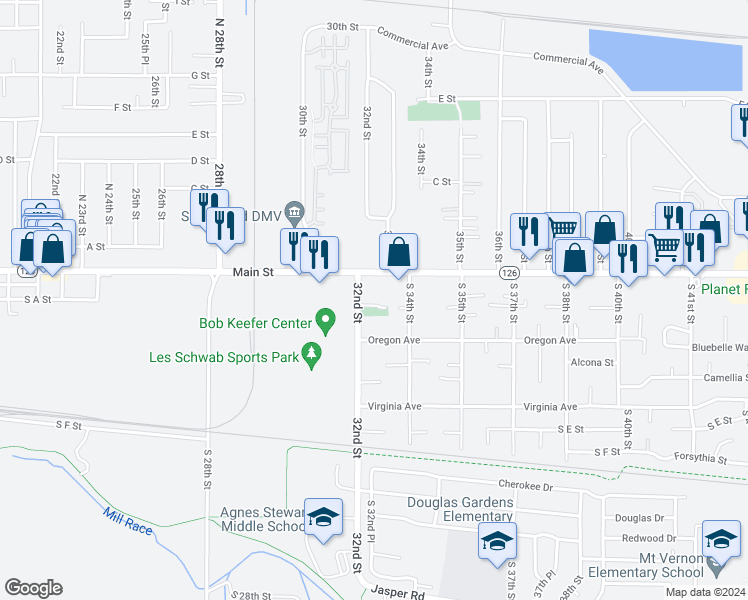 map of restaurants, bars, coffee shops, grocery stores, and more near 3270 Aster Street in Springfield