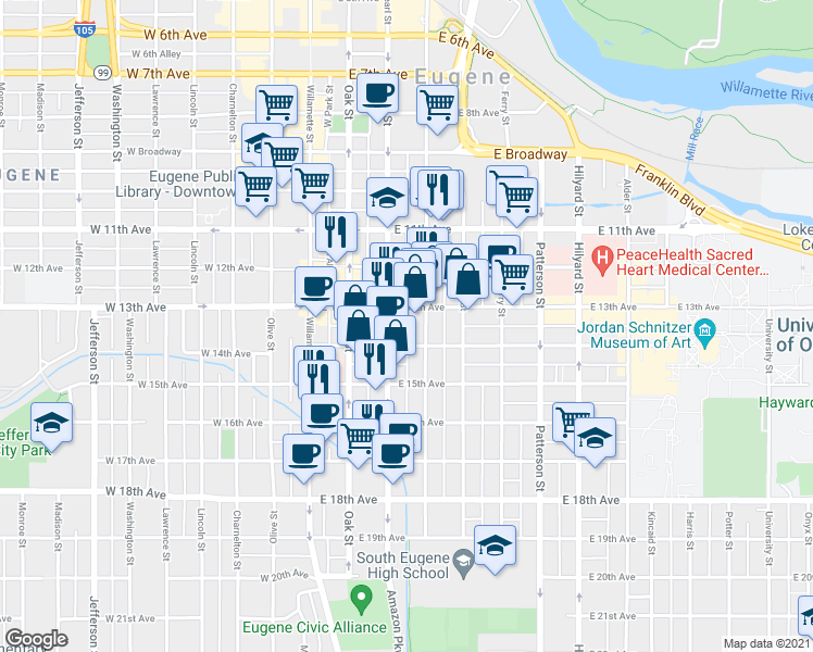 map of restaurants, bars, coffee shops, grocery stores, and more near East 13th Alley in Eugene