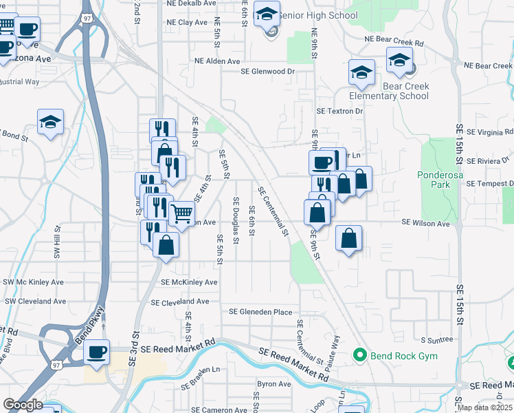 map of restaurants, bars, coffee shops, grocery stores, and more near 508 Southeast 6th Street in Bend