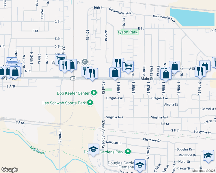map of restaurants, bars, coffee shops, grocery stores, and more near 3209 Aster Street in Springfield