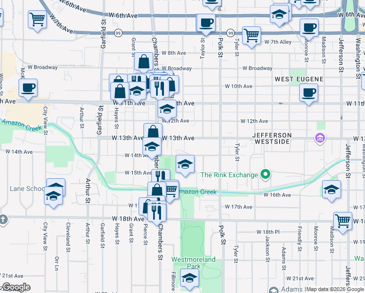 map of restaurants, bars, coffee shops, grocery stores, and more near 1520 West 13th Avenue in Eugene