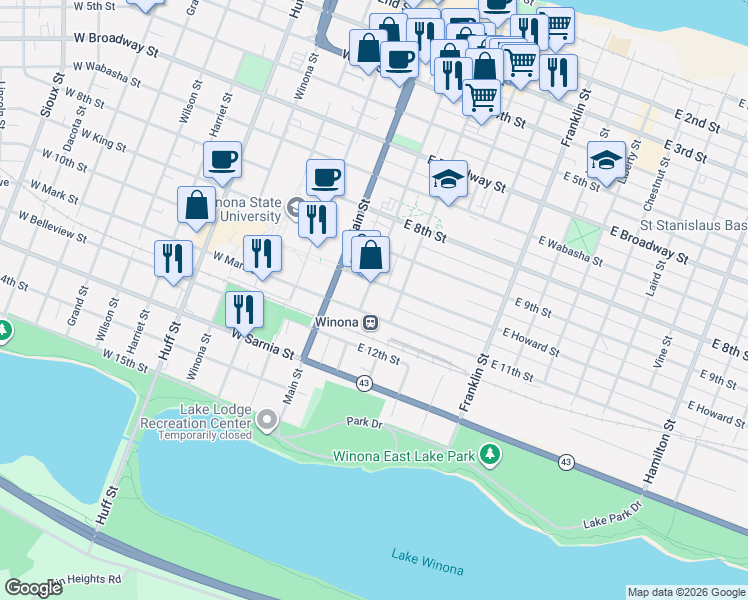 map of restaurants, bars, coffee shops, grocery stores, and more near 529 Lafayette Street in Winona