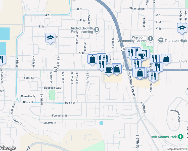map of restaurants, bars, coffee shops, grocery stores, and more near Oak Court in Springfield