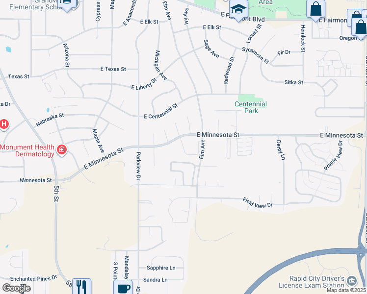 map of restaurants, bars, coffee shops, grocery stores, and more near 515 East Minnesota Street in Rapid City