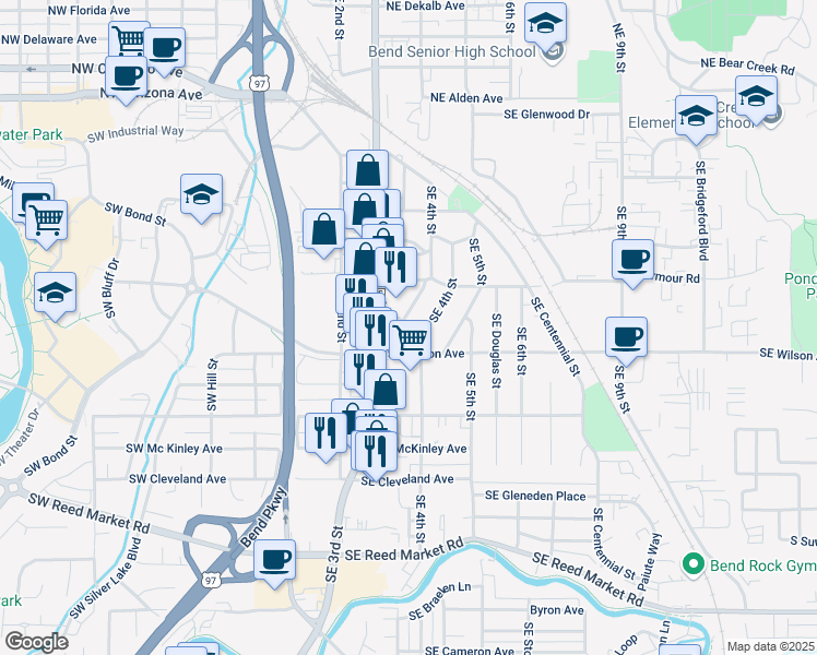map of restaurants, bars, coffee shops, grocery stores, and more near 560 Southeast Silvis Lane in Bend