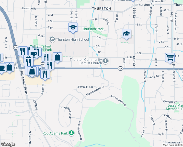 map of restaurants, bars, coffee shops, grocery stores, and more near 6313 Aster Street in Springfield
