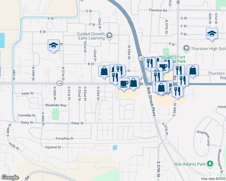 map of restaurants, bars, coffee shops, grocery stores, and more near 5353 Main Street in Springfield