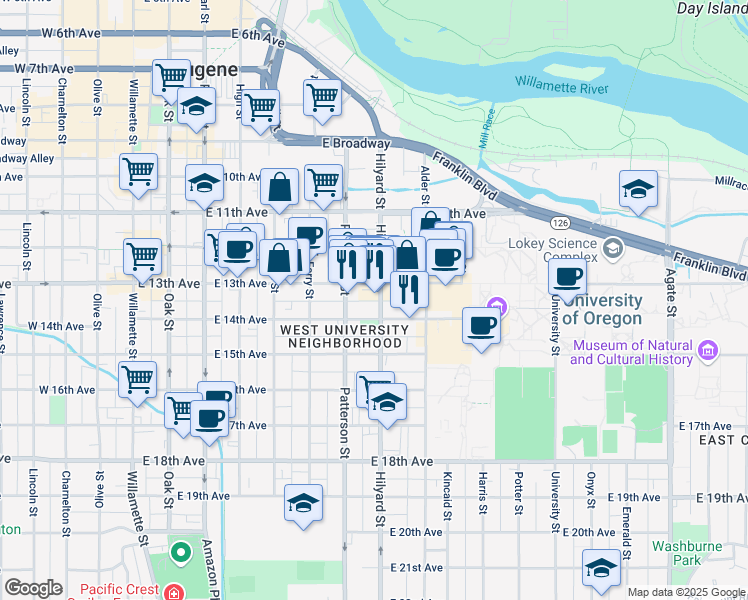 map of restaurants, bars, coffee shops, grocery stores, and more near 663 East 14th Avenue in Eugene