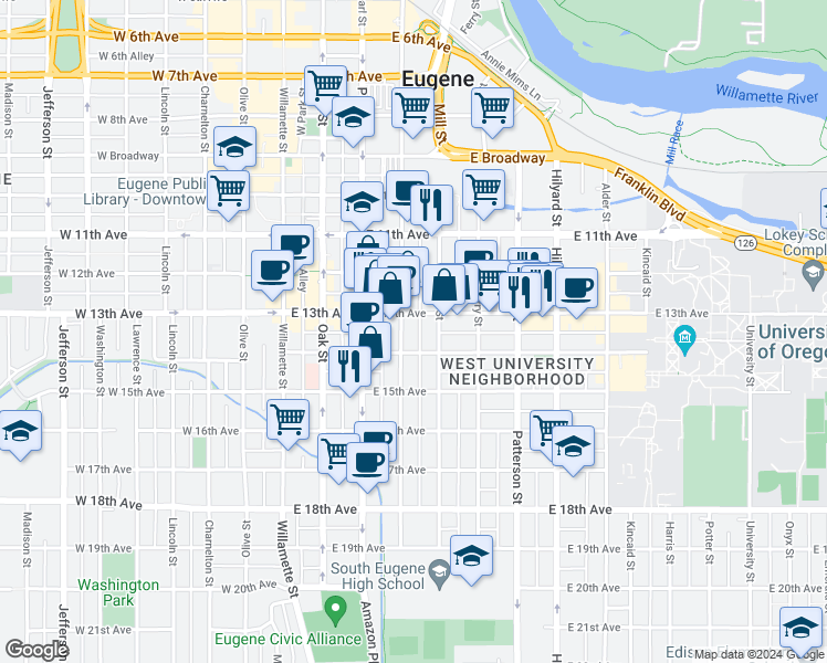 map of restaurants, bars, coffee shops, grocery stores, and more near 1390 Mill Street in Eugene