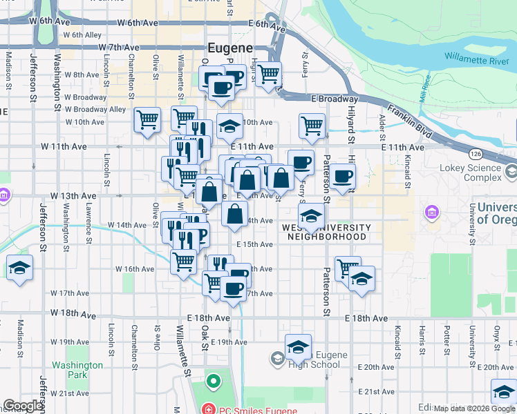 map of restaurants, bars, coffee shops, grocery stores, and more near 1390 High Street in Eugene