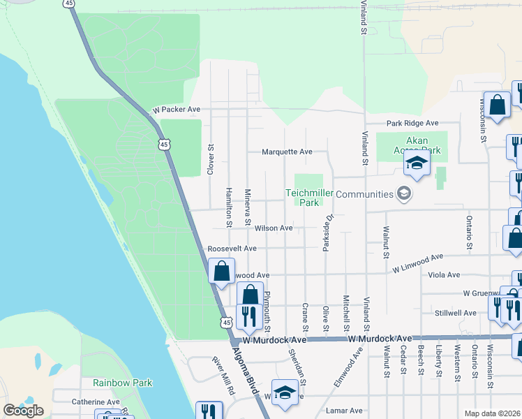 map of restaurants, bars, coffee shops, grocery stores, and more near 2210 Plymouth Street in Oshkosh