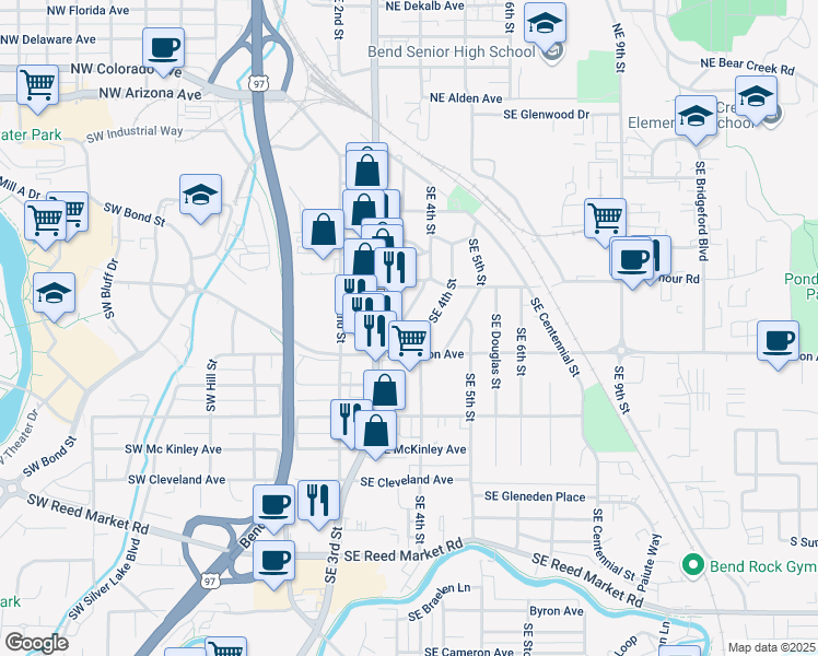 map of restaurants, bars, coffee shops, grocery stores, and more near 560 Southeast Silvis Lane in Bend